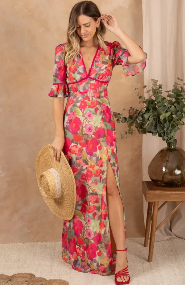 Hope & Ivy Occasionwear<The Isla Frill Sleeve Thigh Split Open Back Midi Dress (Red/Green)