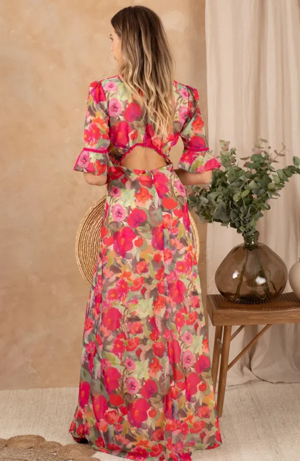 Hope & Ivy Occasionwear<The Isla Frill Sleeve Thigh Split Open Back Midi Dress (Red/Green)