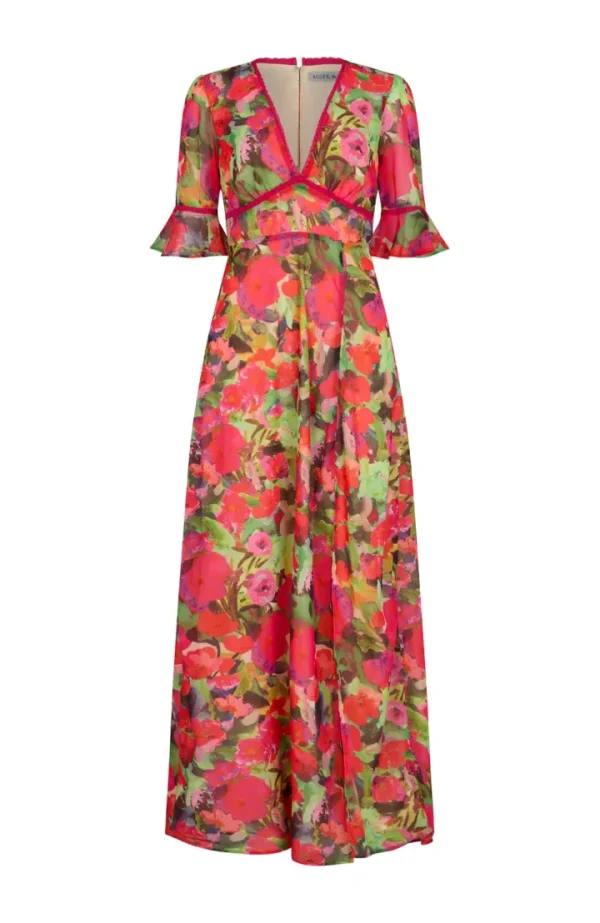 Hope & Ivy Occasionwear<The Isla Frill Sleeve Thigh Split Open Back Midi Dress (Red/Green)