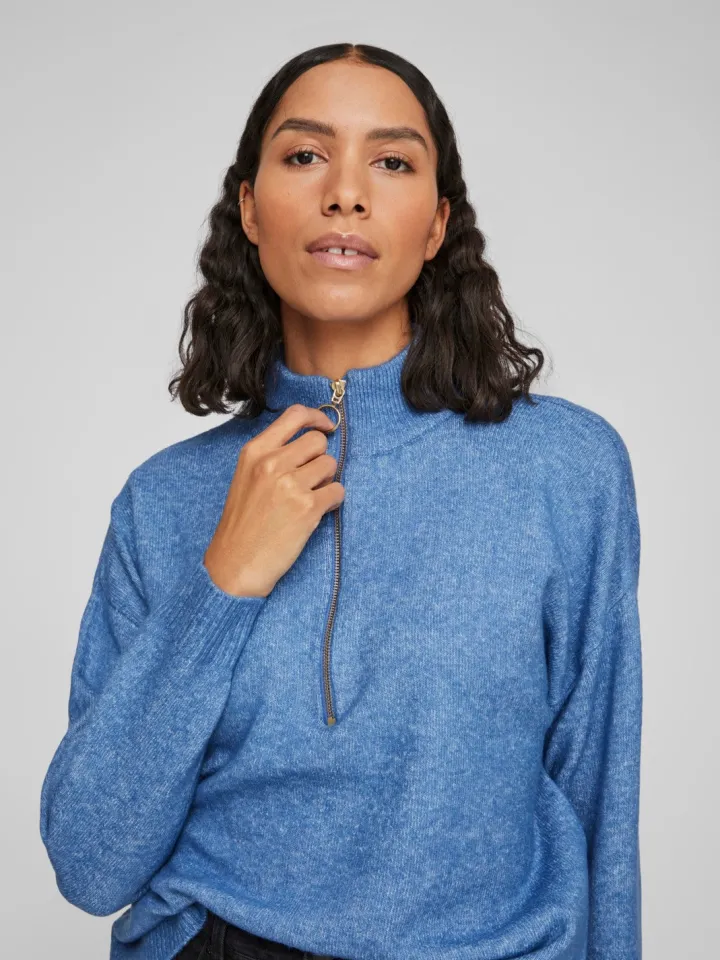 thilda_zip_knit_jumper_fe_0.webp Vila Jumpers & Cardigans<Thilda Zip Knit Jumper (Federal Blue Melange)