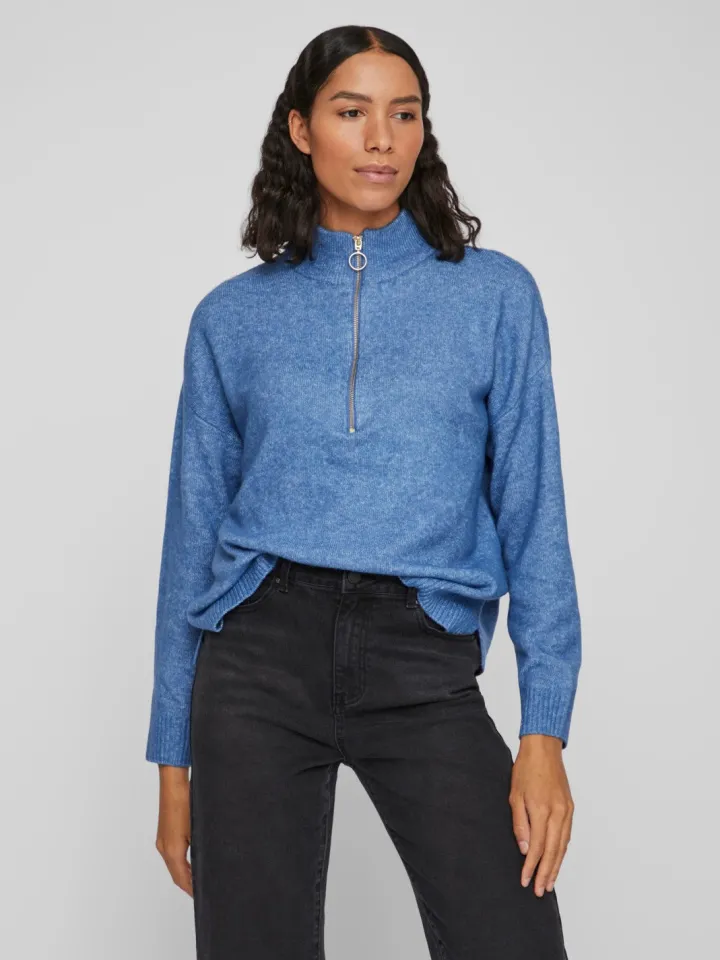 thilda_zip_knit_jumper_fe_4.webp Vila Jumpers & Cardigans<Thilda Zip Knit Jumper (Federal Blue Melange)