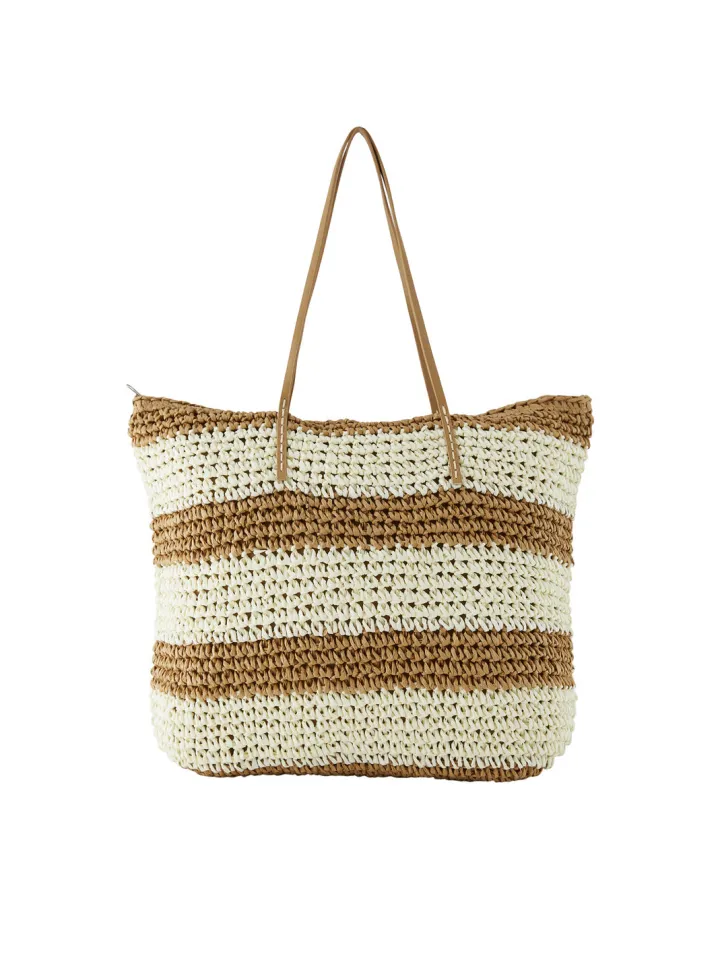viola_straw_tote_bag_stri_0.webp Pieces Bags & Purses<Viola Straw Tote Bag (Striped Natural/Buttercream)